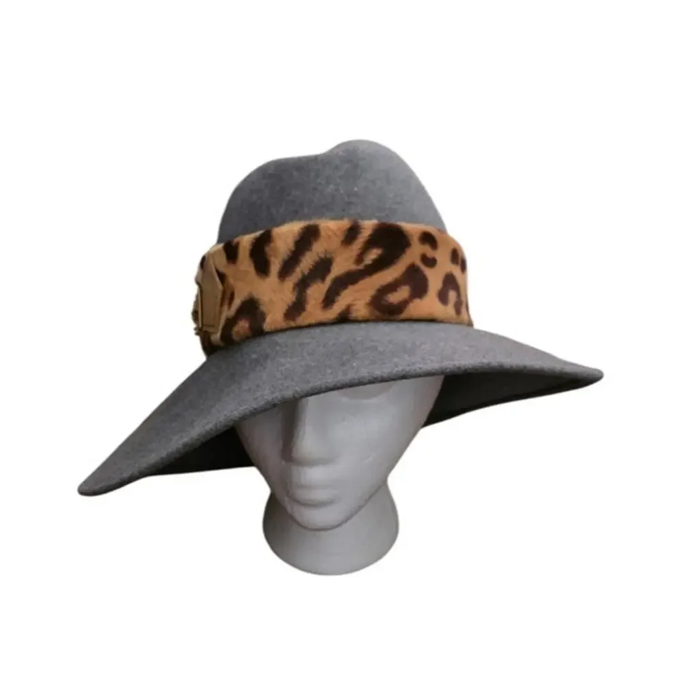 Vintage Fedora Adolfo II Hat Wool Wide Brim Felt Womens Gray Leopard